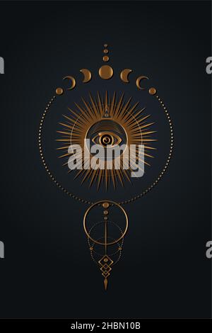 Gold Mystical third eye, phases of the moon on black background. Sacred Masonic All Seeing eye, Boho style and esoteric ethnic magic astrological sign Stock Vector