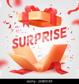 Open surprise sale. 3d gift box discount offer, christmas birthday present package, ribbon falling, boom confetti banner, wrap bow, happy celebration, vector illustration. Gift box surprise to sale Stock Vector
