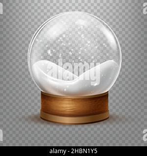 Snow inside ball. Realistic snowball, christmas snowglobe, glass dome base, magic crystal snowy 3d sphere, winter bubble xmas gift souvenir, isolated toy, tidy vector. Illustration of snowball glass Stock Vector