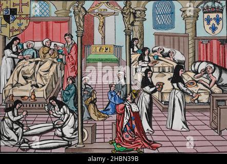 France. A ward in the Hotel-Dieu, hospital of Paris, 16th century. Stock Photo