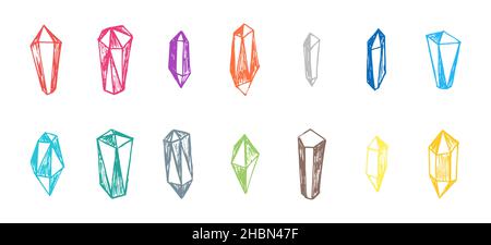 Crystal minerals linear colored hand drawn icon set. Colorful line sketch art gemstone collection. Vector isolated doodle drawing contour eps illustration for alternative medicine and treatment Stock Vector