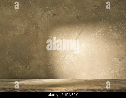 beige wall and brown wooden table background Stock Photo