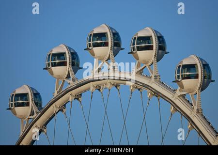 Paradise, NV / USA - Jan. 11, 2020: Cabins of the High Roller Ferris Wheel are shown in a closeup view during the evening in Las Vegas. Stock Photo