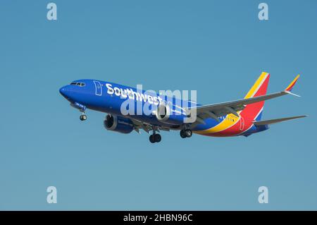 Southwest International Airlines Boeing 737 MAX 8 with registration N8751R shown arriving at LAX, Los Angeles International Airport. Stock Photo
