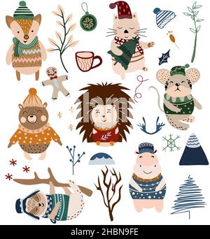 Collection Winter Animals, hippo, mouse, fox, bear, cat and other winter elements. Cozy Cartoon character set. Scandinavian style. Vector illustration icon. Stock Vector