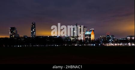 Panoramic view of the skyline of The Hague, Netherlands at night, as seen from park Malieveld in the centre of the city. Stock Photo