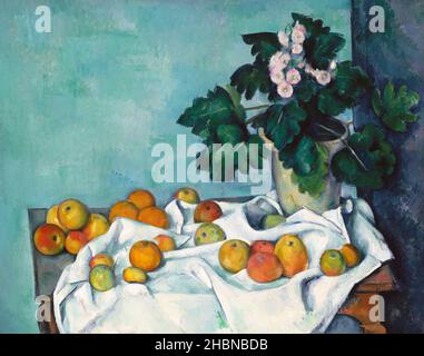 Still Life with Apples and a Pot of Primroses (ca. 1890) by Paul Cézanne. Stock Photo