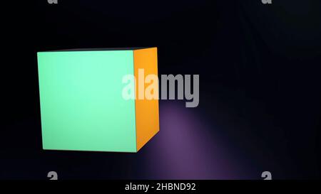 Abstract 3D cube rotating and changing colours of its faces, isolated on black background with colourful lights, seamless loop. Geometric animation wi Stock Photo