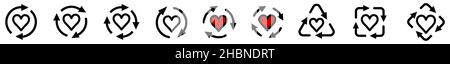 Heart icon in arrows forming cycle, two three and four arrow version Stock Vector