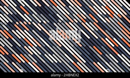 Abstract diagonal rows of narrow lines with white light impulse moving along them. Colorful stripes devided into segments on black background. Stock Photo