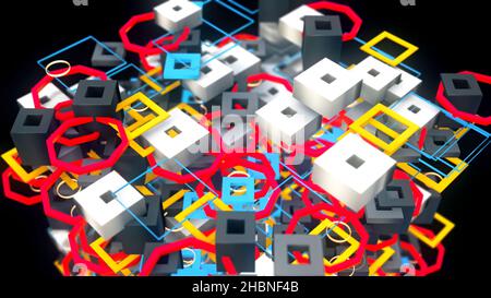 Unusual abstraction of a giant figure made of small different colorful details moving up isolated on black background. Abstract constructor, motion gr Stock Photo