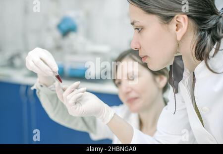 Two young female scientist doing experiments in lab. Close up Stock Photo