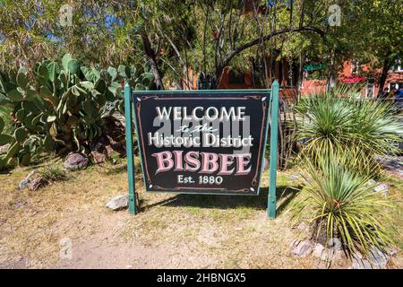 Bisbee, AZ - Oct. 10, 2021: Welcome to the Historic District Bisbee, Arizona Est. 1880 sign in the historical copper mining town of Cochise County. Stock Photo
