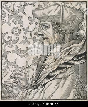 Antique 19th century engraving of Erasmus, after Hans Holbein the Younger. Desiderius Erasmus Roterodamus (1466-1536) was a Dutch philosopher and Catholic theologian who is considered one of the greatest scholars of the northern Renaissance. SOURCE: ORIGINAL ENGRAVING Stock Photo