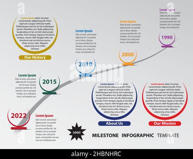 Vector infographic template with milestones on company timeline with highlighting on curved path. Fully resizable, organized editable layers including Stock Vector