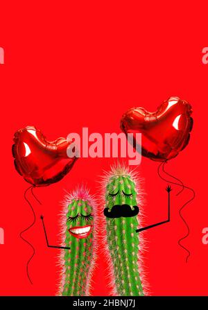 Valentines Day. Cactus couple with heart balloons in love. Creative pop art collage Stock Photo