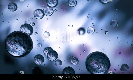 Blue metal-balls float in 3d. Small molecule particles separated from liquid sphere and bound together. Macro world close-up Stock Photo