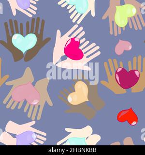 pattern heart in palms on a blue background Stock Vector