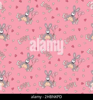 Seamless pattern with funny rabbits and hearts on a pink background. Doodle style. Stock Vector