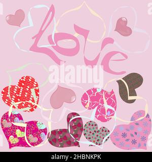 card with hearts with patchwork style on pink background Stock Vector
