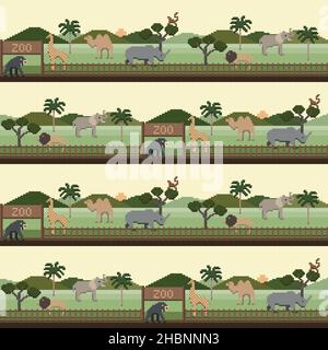 Seamless pattern pixel art zoo animals Stock Vector