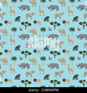 Seamless pattern pixel art safari animals Stock Vector