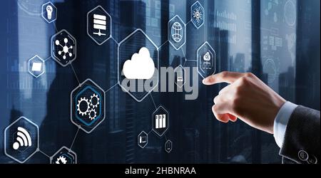 Futuristic Display. Cloud computing touchscreen interface business man finger touch cloud. Stock Photo