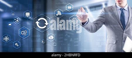 Businessman pressing button on touch screen interface select Update. Icon. Stock Photo