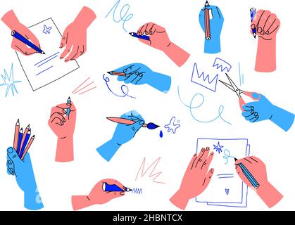 Hands hold stationery. Arms hold pencils and brushes. Isolated palms with markers and scissors. Writing and drawing processes. Cutting and painting Stock Vector