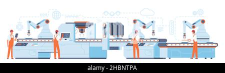 Conveyor production manufacturing line and workers vector icons. Black ...