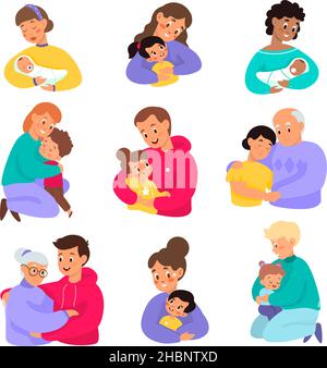 Parents hugging kids. Happy moms or dads embracing children. Different ages. Elderly people with toddlers. Family generation. Mothers holding babies Stock Vector