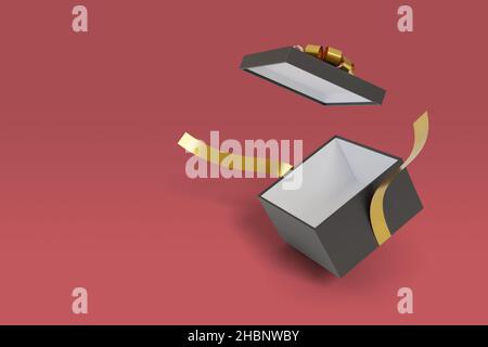 Black gift box with gold ribbon and bow opening. 3d illustration. Stock Photo
