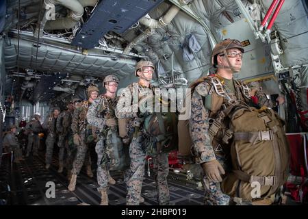 Marines assigned to the 3rd Reconnaissance Battalion, 3rd Marine Division, stand single-file within a 36th Airlift Squadron C-130J Super Hercules during high altitude, low opening (HALO) parachute jumps at Yokota Air Base, Japan, Dec. 17, 2021. HALO jump training supports the U.S. Indo-Pacific Command’s dynamic force employment (DFE) concept through agile combat employment (ACE), which supports the National Defense Strategy effort to conduct training with joint partners while maintaining global peace and security. (U.S. Air Force photo by Airman 1st Class Tyrone Thomas) Stock Photo