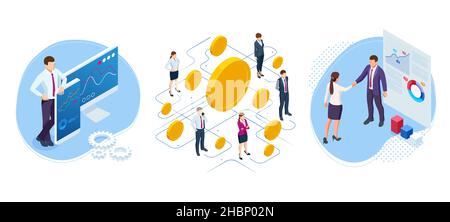 Cryptocurrency mining GPU-farm. Cryptocurrency and blockchain isometric composition. Big data processing. Platform services for exchange and sale Stock Vector