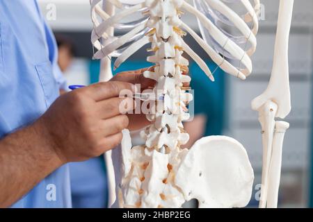 Close up of nurse pointing at spine bones on human skeleton to explain diagnosis to senior patient. Assistant showing spinal cord to old man for physical recovery and chiropractic remedy Stock Photo