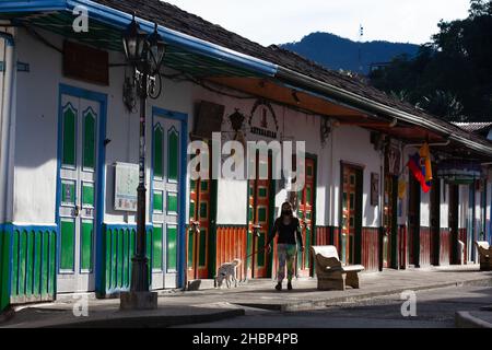 SALENTO, COLOMBIA - JULY 2021. Beautiful street and facades of the houses of the small town of Salento located at the region of Quindio in Colombia Stock Photo