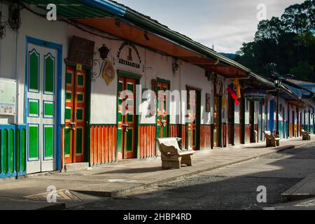 SALENTO, COLOMBIA - JULY 2021. Beautiful street and facades of the houses of the small town of Salento located at the region of Quindio in Colombia Stock Photo