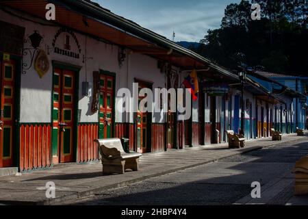 SALENTO, COLOMBIA - JULY 2021. Beautiful street and facades of the houses of the small town of Salento located at the region of Quindio in Colombia Stock Photo