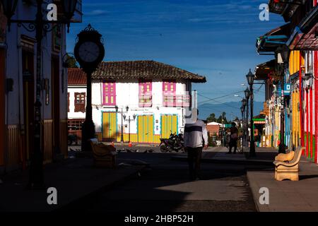 SALENTO, COLOMBIA - JULY 2021. Beautiful street and facades of the houses of the small town of Salento located at the region of Quindio in Colombia Stock Photo