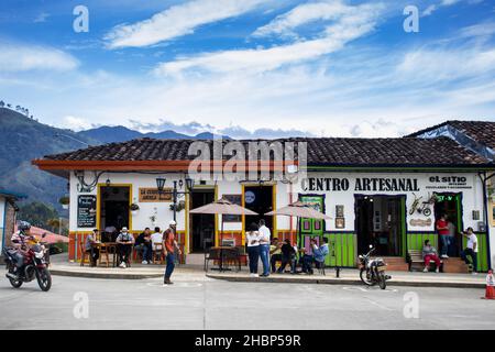 SALENTO, COLOMBIA - JULY 2021. Beautiful street and facades of the houses of the small town of Salento located at the region of Quindio in Colombia Stock Photo