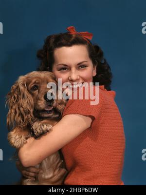 Dark haired teen in red sweater with red ribbons in her hair, loving her brown cocker spaniel puppy Stock Photo