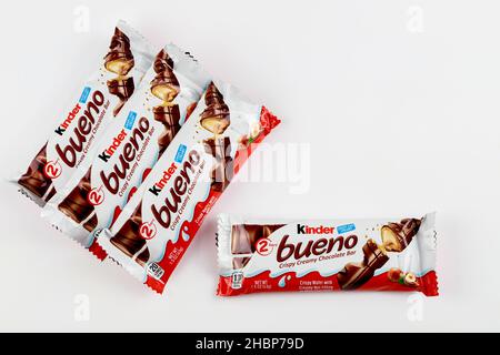 May 4, 2021. New York. Top view of Kinder Bueno creamy milk chocolate bars. Stock Photo