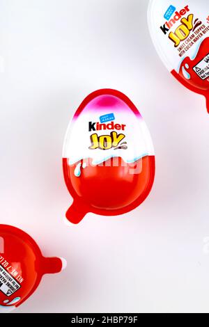 May 4, 2021. New York. Pink chocolate egg Kinder Joy with a small toy inside. Stock Photo