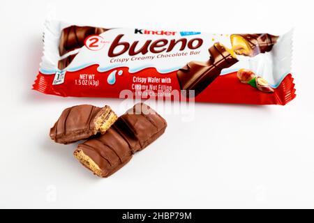 May 4, 2021. New York. Pieces of Kinder Bueno creamy milk chocolate bar. Stock Photo
