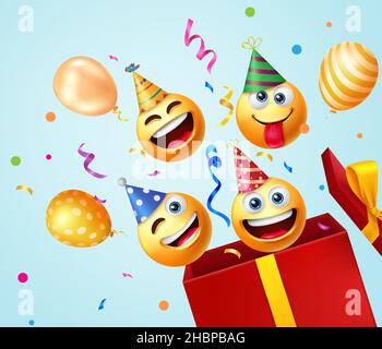 Birthday emojis gift vector design. Emoji happy and funny faces in surprise explosion box with hats, balloons and confetti elements for party. Stock Vector