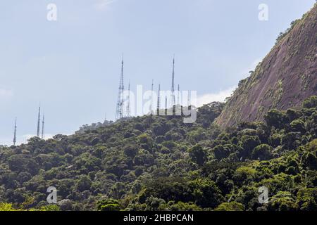 communication antennas at the sumare hill in rio de janeiro. Stock Photo