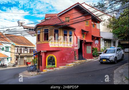 Nguyet Vong Lau is an old house with Chinese architecture and used for food and drink business inside, which attracts tourists to visit in Da Lat Stock Photo