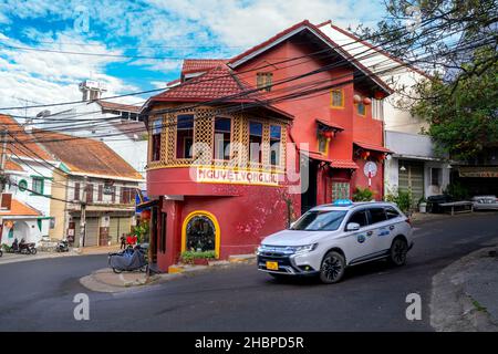 Nguyet Vong Lau is an old house with Chinese architecture and used for food and drink business inside, which attracts tourists to visit in Da Lat Stock Photo