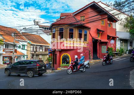 Nguyet Vong Lau is an old house with Chinese architecture and used for food and drink business inside, which attracts tourists to visit in Da Lat Stock Photo