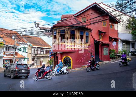 Nguyet Vong Lau is an old house with Chinese architecture and used for food and drink business inside, which attracts tourists to visit in Da Lat Stock Photo